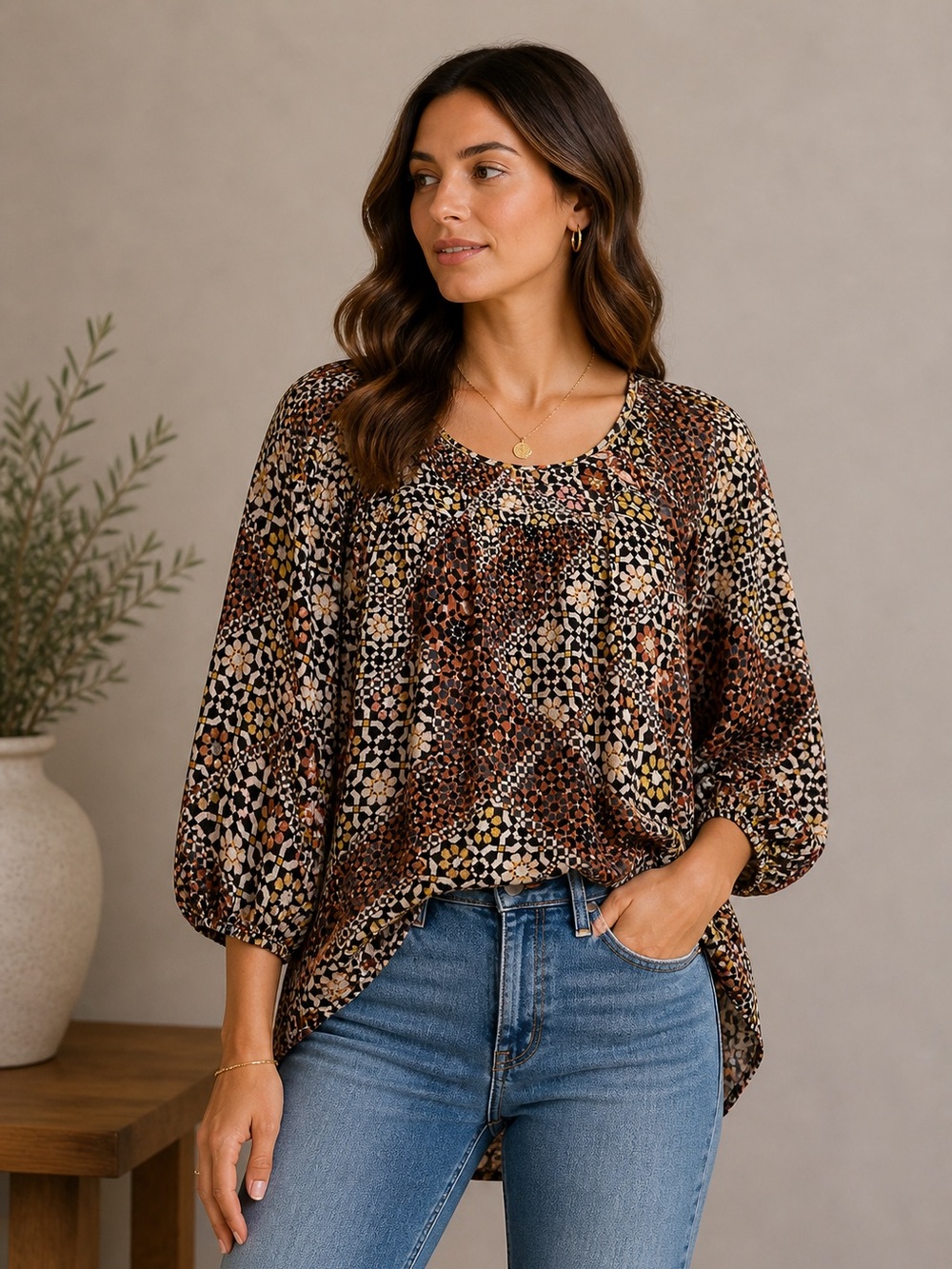 Women's Geometric Print Top - Multicolor
